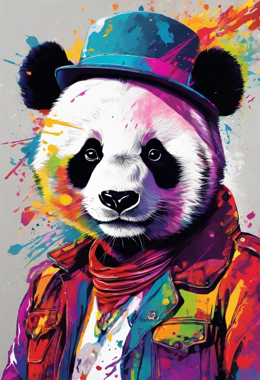 A painting of a cool panda wearing a hat，Popular at art stations，dressed in punk clothing，Detailed hyper-realistic rendering，British gang members，Street style，intimidating pose，planet of cats，Stylish clothes，urbansamurai，Mewtwo，West Slavic features，8 1 5，Animate