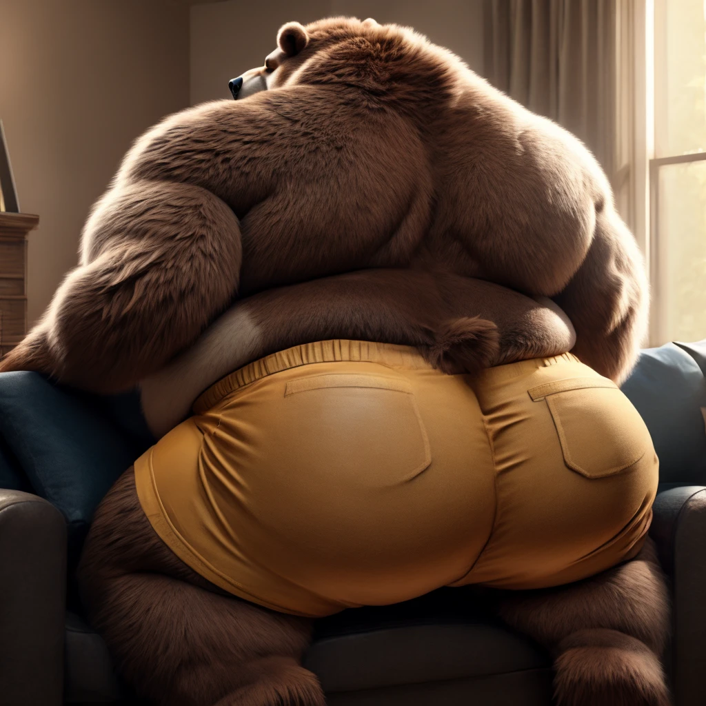 Fat Huge Daddy Furry Grizzly bear Big huge chunky Belly and large chunky body and big furry Belly sitting on the sofa wearing shorts Turn around and showing his huge bubble butt cheeks 