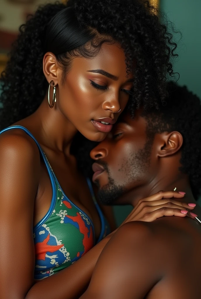 congolese woman, young, naked, very curly mullet, septum piercing, dimples, thick belt around neck, naughty expression, man choking woman, man holding woman in chokehold, man wrapping his arm around woman's neck, choking, multicolor patchwork design shiny latex bodysuit, close-up, UHD, retina, masterpiece, accurate, anatomically correct, textured skin, super detail, high details, high quality, award winning, best quality, highres