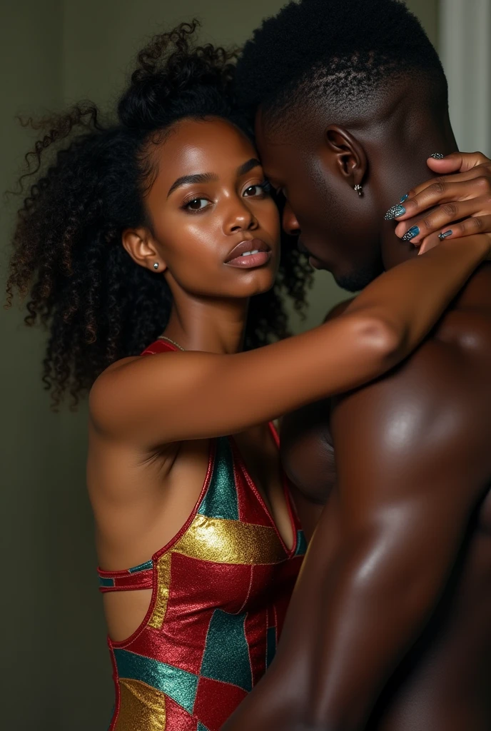 congolese woman, young, naked, very curly mullet, septum piercing, dimples, thick belt around neck, naughty expression, man choking woman, man holding woman in chokehold, man wrapping his arm around woman's neck, choking, multicolor patchwork design shiny latex bodysuit, close-up, UHD, retina, masterpiece, accurate, anatomically correct, textured skin, super detail, high details, high quality, award winning, best quality, highres
