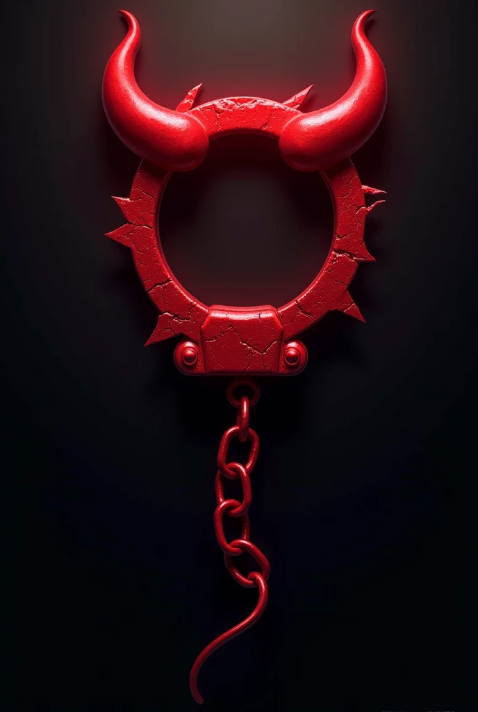 (logo design) evil logo, a striking red handcuff, adorned with sharp, menacing demon horns, and a sinuous chain tail extending from the base, dynamic and bold, emphasizing a dark theme, glossy finish, high-resolution, creating an impression of malevolence and power.