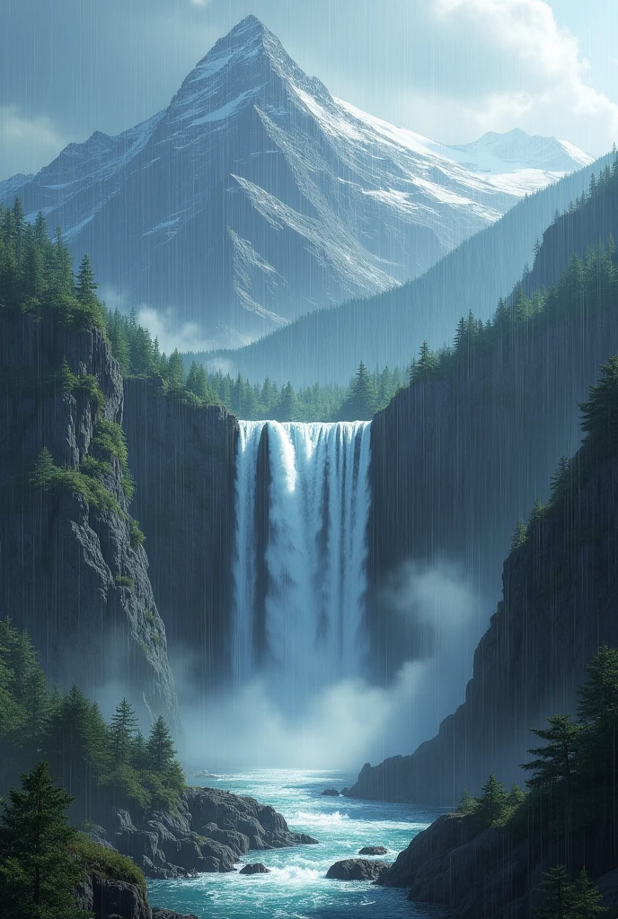 Generate the image of water fall in mountain and raining in the situation