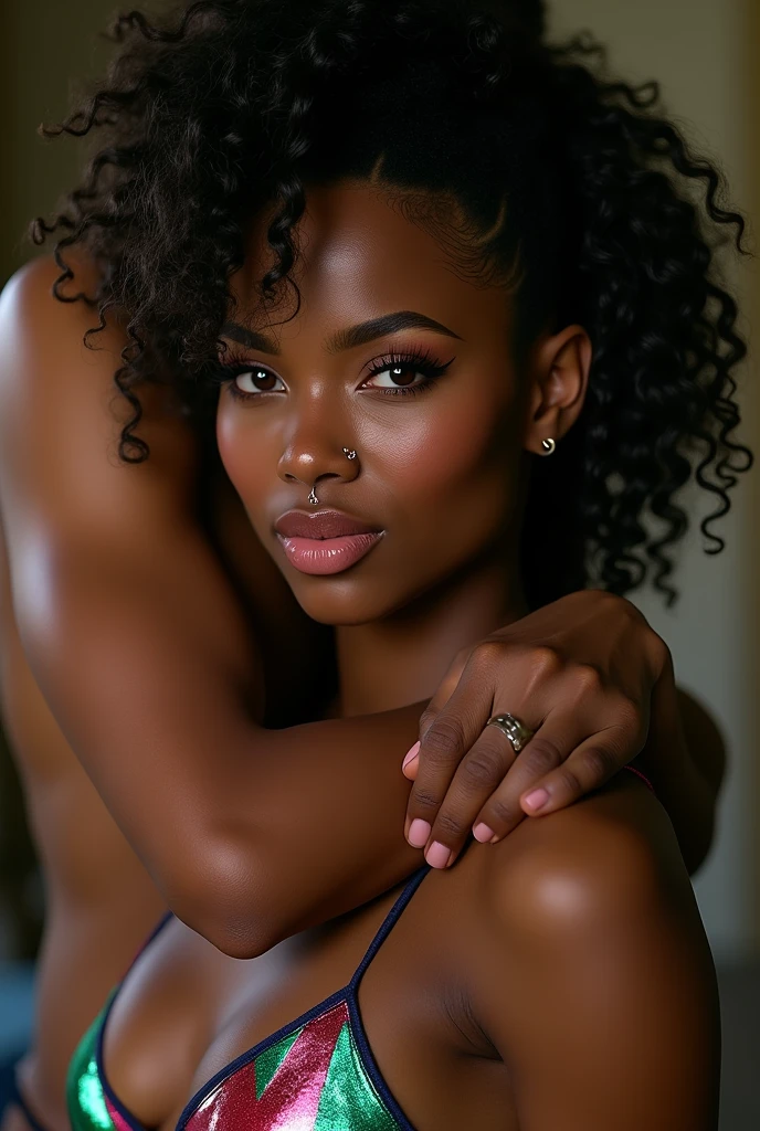congolese woman, young, naked, very curly mullet, septum piercing, dimples, thick belt around neck, naughty expression, man choking woman, man holding woman in chokehold, man wrapping his arm around woman's neck, choking, multicolor patchwork design shiny latex bodysuit, close-up, UHD, retina, masterpiece, accurate, anatomically correct, textured skin, super detail, high details, high quality, award winning, best quality, highres