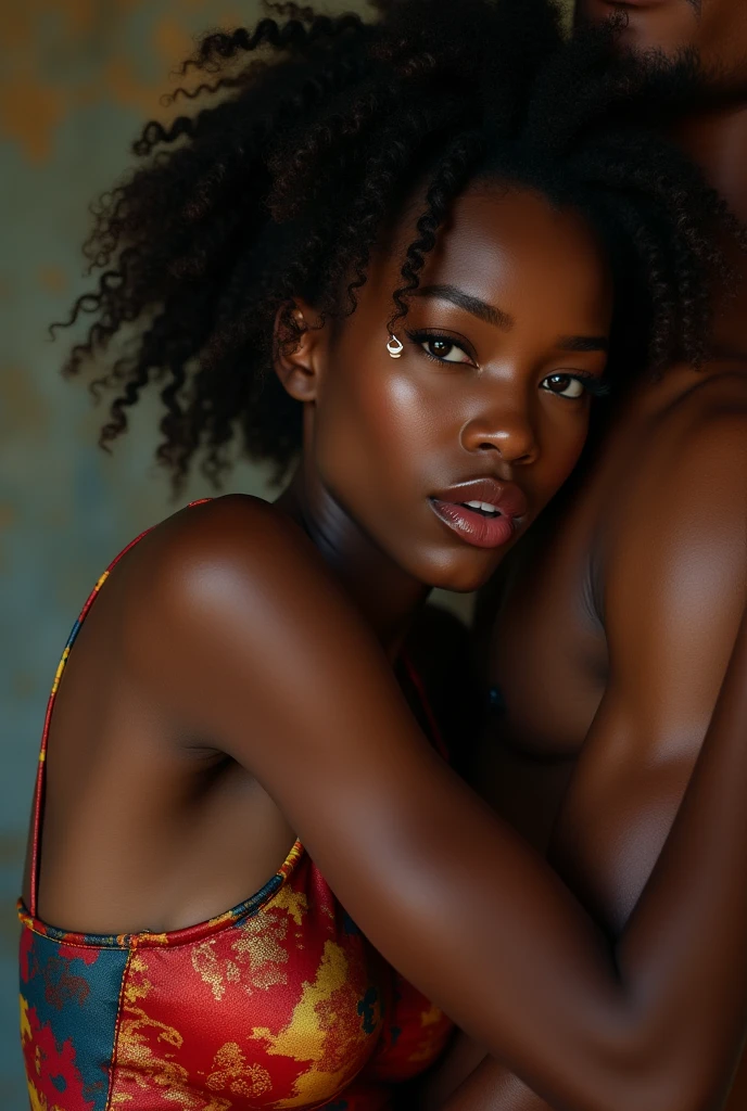 congolese woman, young, naked, very curly mullet, septum piercing, dimples, thick belt around neck, naughty expression, man choking woman, man holding woman in chokehold, man wrapping his arm around woman's neck, choking, multicolor patchwork design shiny latex bodysuit, close-up, UHD, retina, masterpiece, accurate, anatomically correct, textured skin, super detail, high details, high quality, award winning, best quality, highres