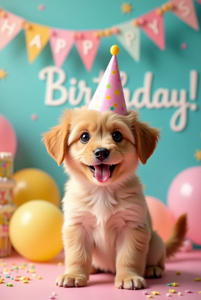 A baby puppy with a happy birthday phrase 