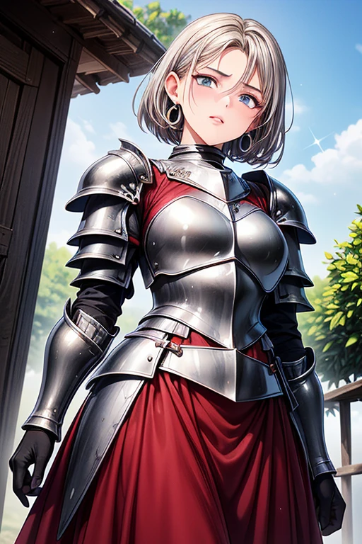 #Basics A girl is posing for a photo, (((One Girl))), (((Baby Face:1.4)) + ((cute:1.4)) + (())),
break
#Clothing Accessories
((Silver on Black)Female Knight Armor:1.6) : (Quinceañera(Long skirt)dress:1.4) + (A breastplate set with red gemstones:1.2) + (Black Gauntlet:1.2) + (Red cape with shoulder pads:1.2) + (Combat Boots:1.2),
(Gold hoop earrings),
break
#Features
((Silver Hair:1.2)) + ((Center-parted bangs + The forehead is visible)) + ((Pixie Cut Hair) : (Very short hair:1.4) + Curly hair + Hair that bounces outwards + Messy hair),
((Droopy eyes:1.4, Big eyes:1.2), blue eyes), (Small breasts), (Neutral facial features),
break
#background environment
((noon, Fantasy World, Sunlit royal garden, blue sky)),
#Facial Expression Pose
((Evil look, Laughter)), ((Confident and powerful pose)),
#composition
((To the camera), (Angle from below), (Character Focus), (Cowboy Shot)),
break
#Body parts elements
(Slim figure),
(Symmetrical facial features),
(Detailed Hair, Beautiful Hair, Shiny Hair),
(double eyelid, Long eyelashes, Thin eyebrows:0.5, Thin eyebrows:0.5),
(Expression of fine eyes, Beautiful and delicate eyes, Sparkling eyes, Eye Reflexes, Glitter Eyeliner),
(Human Ear),
(Beautiful Nose, Thin Nose),
(Glossy Lips, Beautiful Lips, Thick lips),
(Detailed skin, Textured skin, Beautiful Skin, Oily skin),
break
#quality
(((最高quality)), ((masterpiece:1.3)), ((Very detailed))), ((Ultra-high resolution)), ((16K)), ((1080P)), ((Full HD)),
((Anatomically correct)), ((Realistic)), (3DCG), ((Oil painting)),
((comics, anime)), (CG illustration), (RAW Photos),