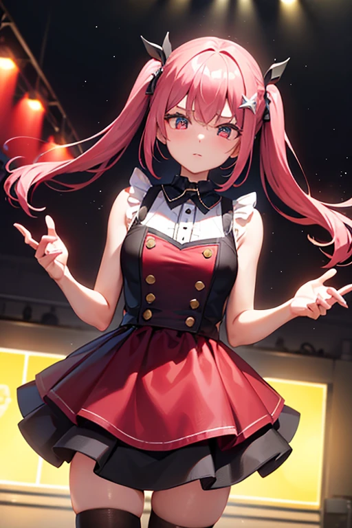 1 girl, standing alone, best qualityer, work of art , Ruby Hoshino, hair ornament, glare eyes, star in eye, (star in eye direito:1), (don:1.4), (concert1), on the stage, looking ahead at viewer