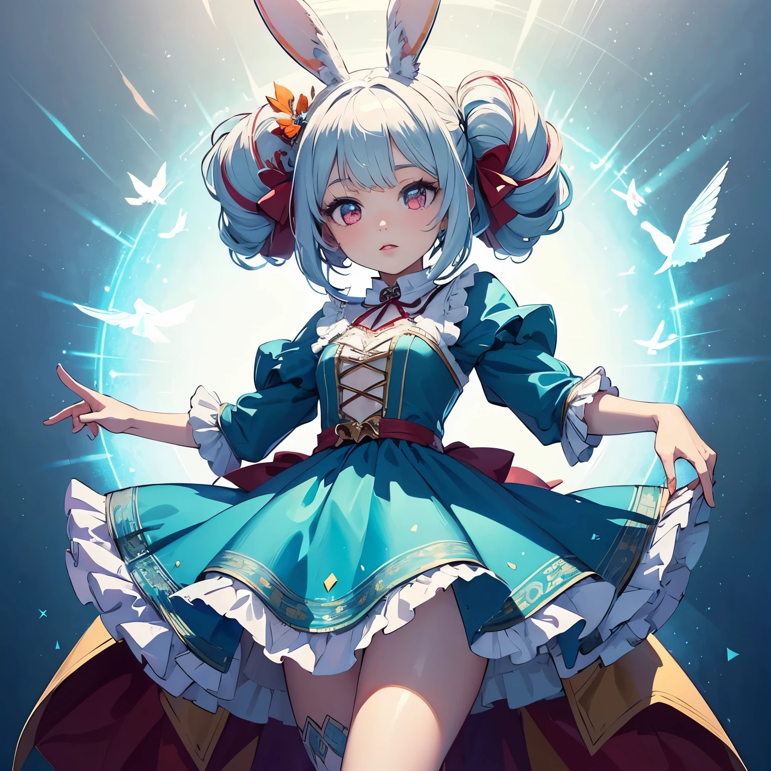 a girl waving her hands,beautiful detailed eyes,beautiful detailed lips,extremely detailed eyes and face,long eyelashes,colorful dress,dynamic pose,whimsical,bright vibrant colors,intricate details,detailed background,dramatic lighting,cinematic composition,(best quality,4k,8k,highres,masterpiece:1.2),ultra-detailed,(realistic,photorealistic,photo-realistic:1.37),fantasy,digital painting