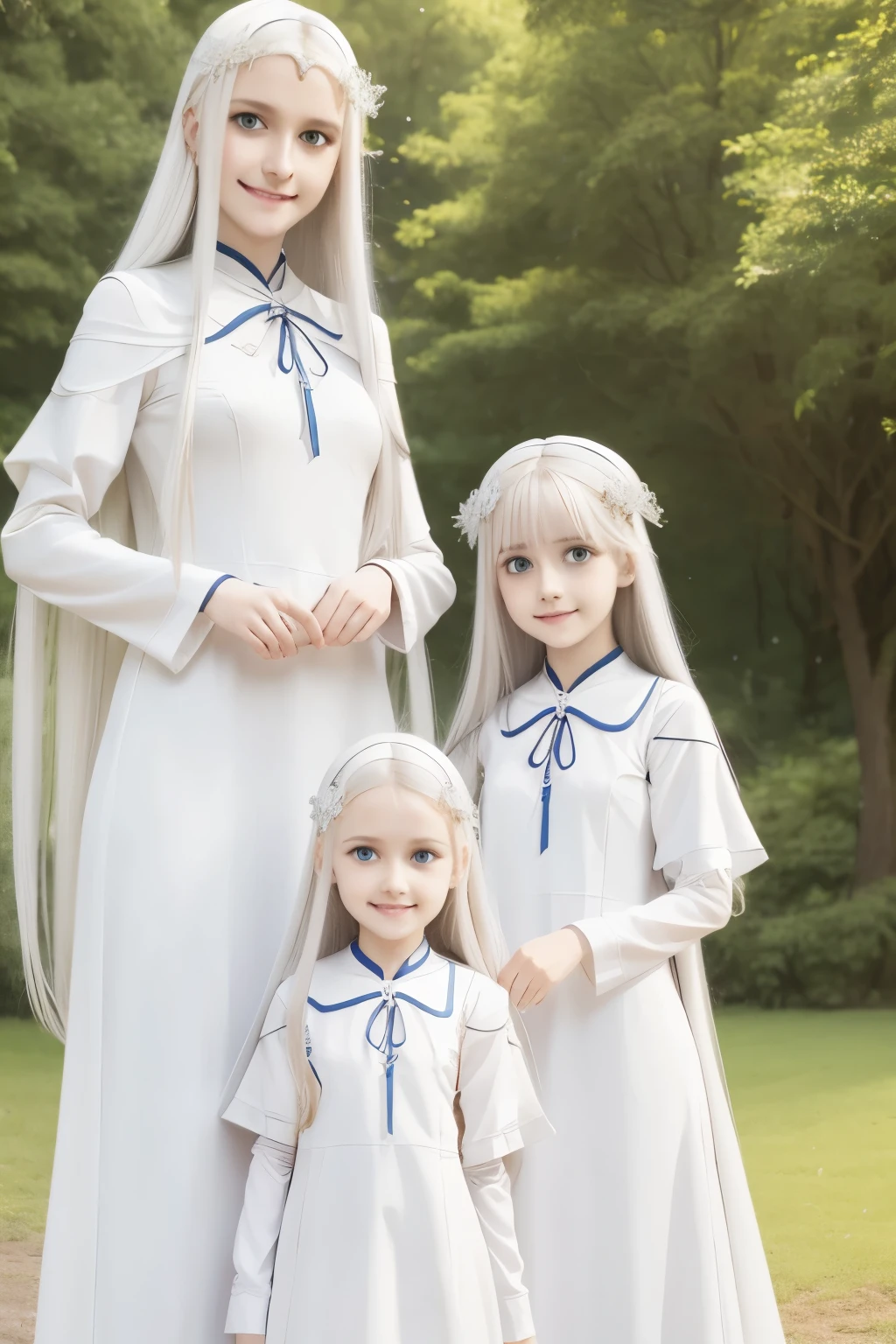 Irisviel von Einzbern pose with her two daughters: Illyasviel von Einzbern and Chloe von Einzbern . (8K UHD, dslr, high quality, high resolution, 4K, 8K,)