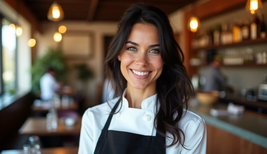 Real professional photography of a beautiful 35-year-old young adult woman, with herself as the main subject. She has fair skin, a beautiful, well-defined face, long, loose and slightly messy black hair, and vibrant, expressive blue eyes that convey joy and friendliness. Her face should display a soft, friendly smile, creating a welcoming atmosphere. The woman should be looking directly at the camera, with a cheerful and natural expression, showing satisfaction with her work. She is wearing a white chef's outfit with a black apron. The blurred background in the background is showing what appears to be the interior of a restaurant, showing tables, a counter and people. The artificial lighting of the indoor environment with warm-toned decor, blurred lights and bokeh effects that add a touch of magic to the scene, creating a soft effect and highlighting the texture of her skin and the sparkle of her eyes. The photograph must capture extreme detail, with a high-quality rendering in 8k, with professional photographic quality and attention to detail that conveys the realism of a restaurant, introspective atmosphere, bokeh, soft and diffused lighting.