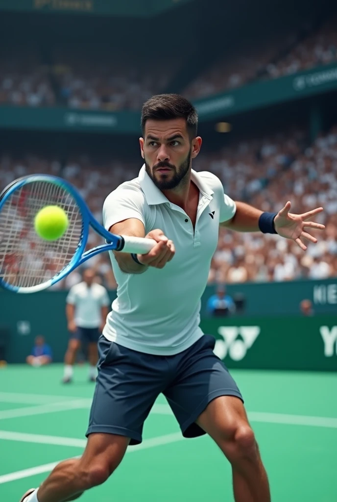 Dark-haired tennis player with short beard playing tennis tournament with his blue yonex racket