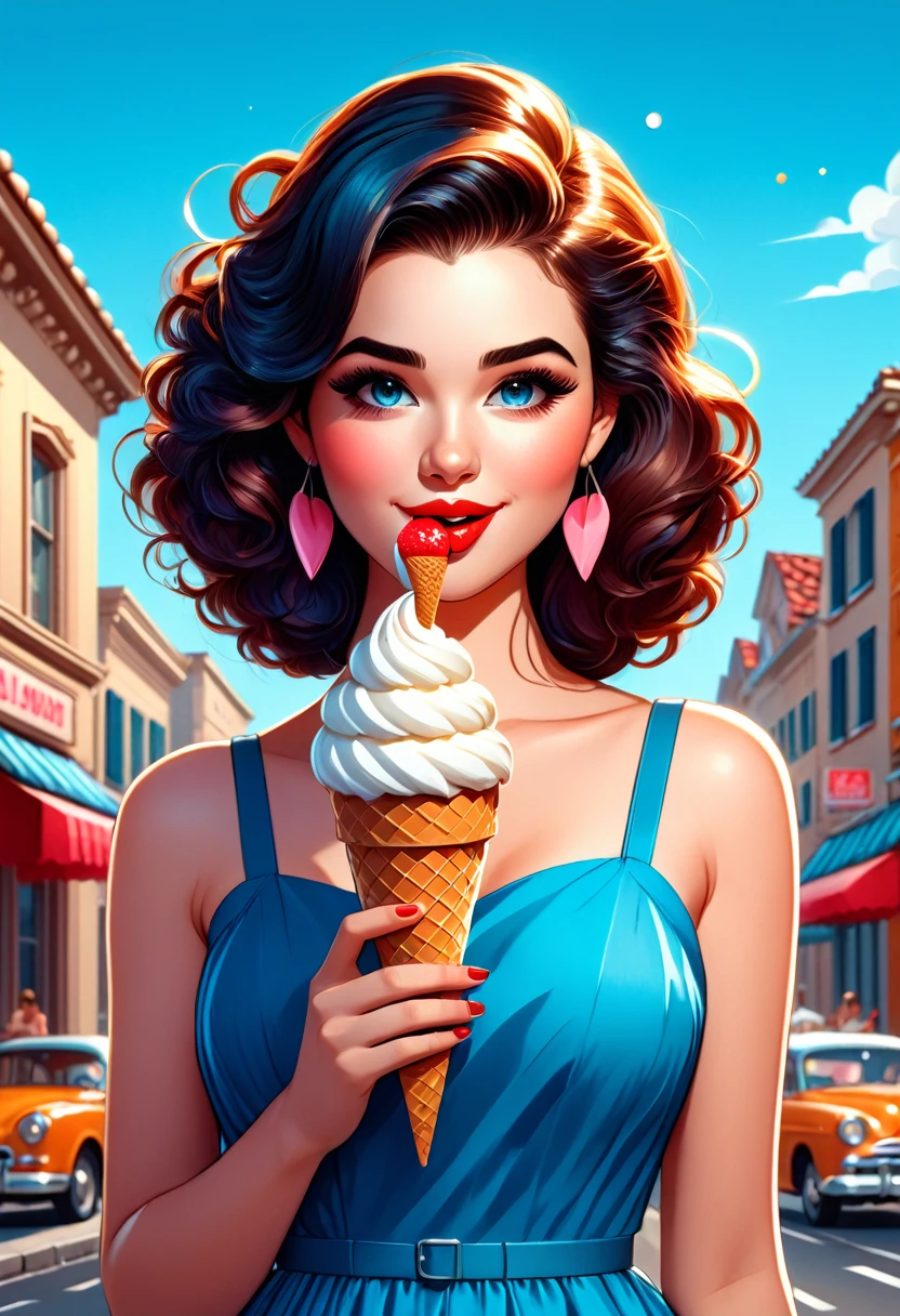 kawaii style, masterpiece, best quality, only a woman in a blue dress eating an ice cream cone, Soda themed girl, in digital illustration style, cartoon style illustration, fabulous illustrations, realistic painting of beautiful, lois van rossdraws, vector art style, cartoon art style, colorful illustration, cute woman, beautiful digital art, Arte Pinup, Illustration style, cartoon digital painting, detailed digital art cute, Illustration art