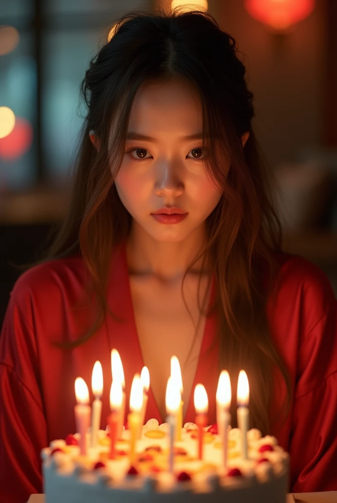 ((head of'artwork, 8k, best quality, high resolution:1.3)), (a young asian woman, long brown hair, (son visage est parfait avec des traits délicats:1.2), (she has thick eyebrows:1.2), flat nose, medium chest, habillée with a robe rouge, blowing out candles on a birthday cake, insanely detailed and intricate, hyper maximalist, volumetic, in colour, HDR, shallow depth of field, film hollywoodien à gros budget, Cinemascope, moody, epic, magnificent