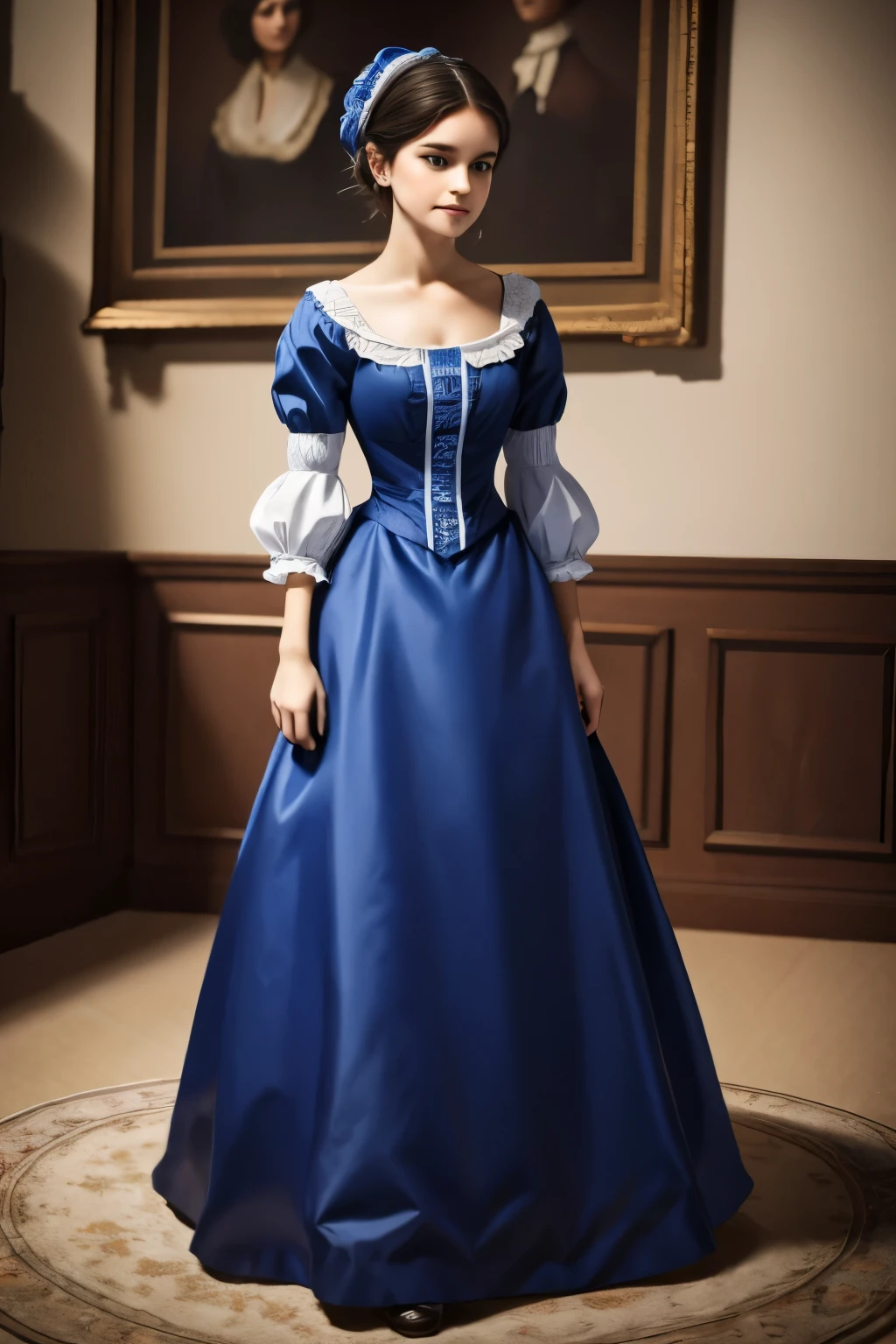 there is a young girl in a blue and white dress holding a purse, victorian style costume, victorian blue dress, victorian dress, dress in the style of rococo, historical baroque dress, victorian inspired clothing, rococo dress, wearing 1860s era clothes, wearing victorian clothes, wearing 1 8 5 0 s era clothes