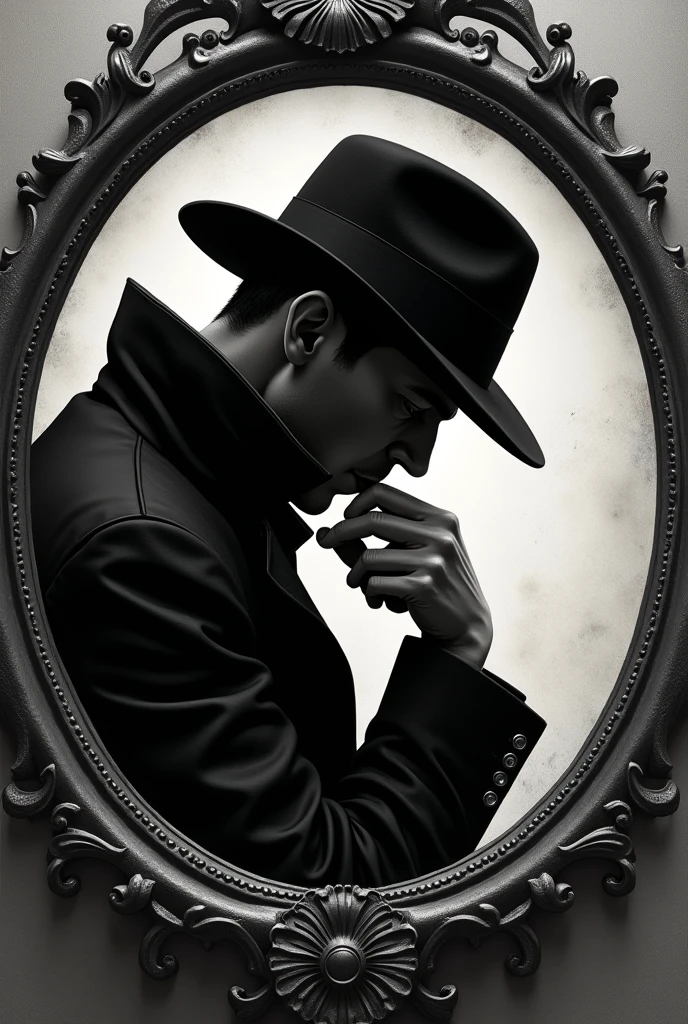 Semi realistic drawing of a Close shot of a Mistery detective man with a perfect rounded circle ornament luxury frame surrounded him, front facing camera with head bowed, hidden face and both hands on his chin, in black and white