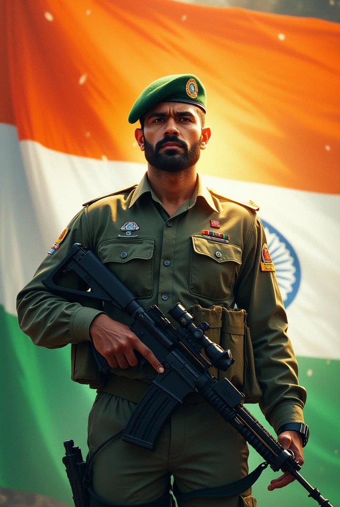 Generate independence day images with in background tricolor and front of this tricolor the one indian commando is stand in the middle of the image