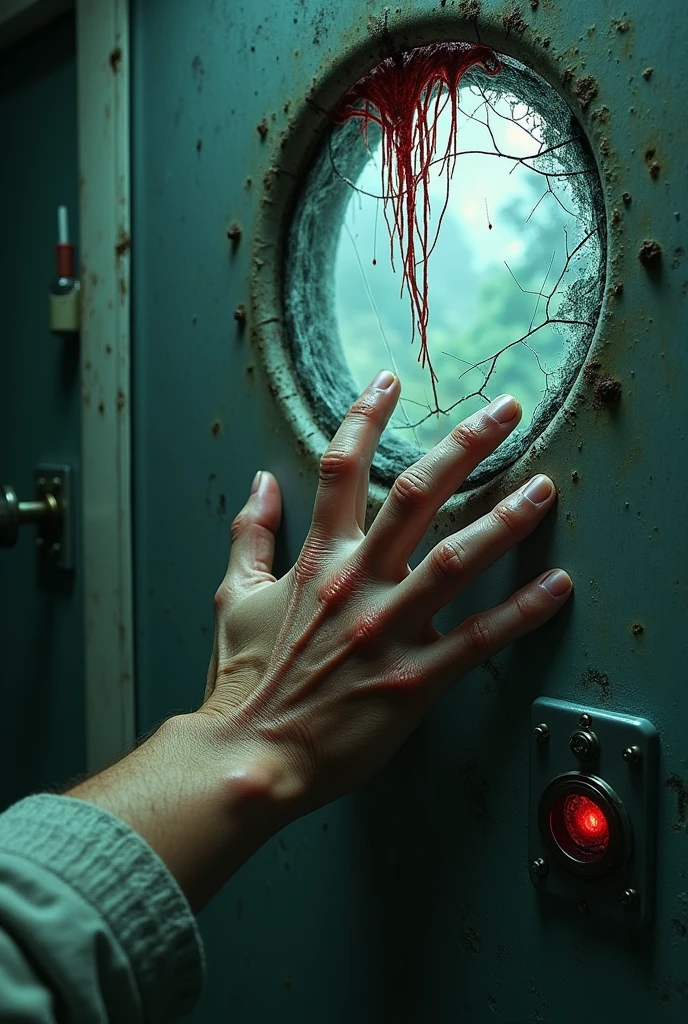 In a room a cracked glass wall and a hole in the center. On the floor there is blood and a bloody handprint on the wall trying to press the exit button and that inside that glass window there is a wall where there is a slot in the shape of an hourglass and red roots come out of it as if it were a portal in the wall and a landscape background of a laboratory in ruins