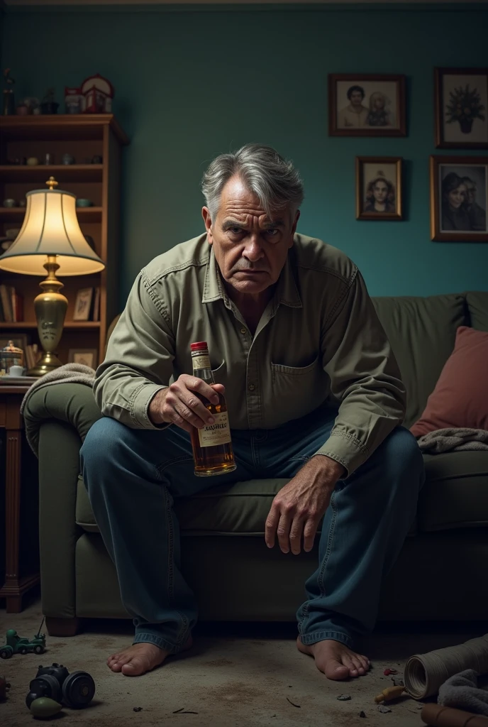 A tired ANGRY father with a bottle of alcohol in their house 