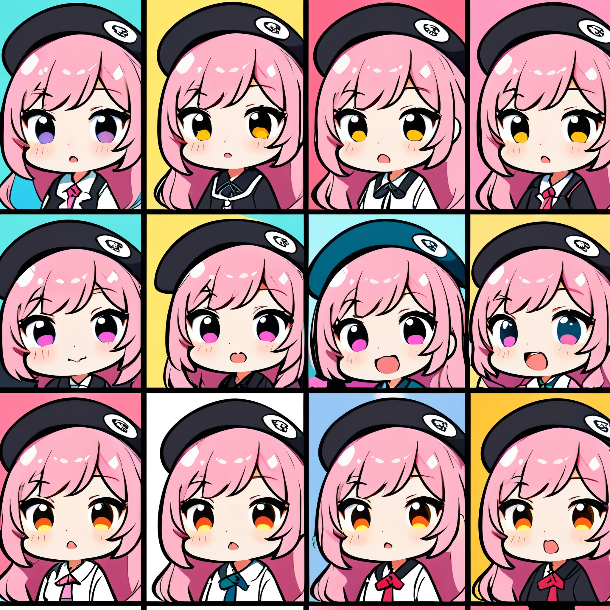 chibi girl,pink hair,beret,thick black lines,flat color,different expressions,meme,best quality,ultra-fine painting,sharp focus,extreme detail description,professional,vivid colors,bokeh,digital illustration