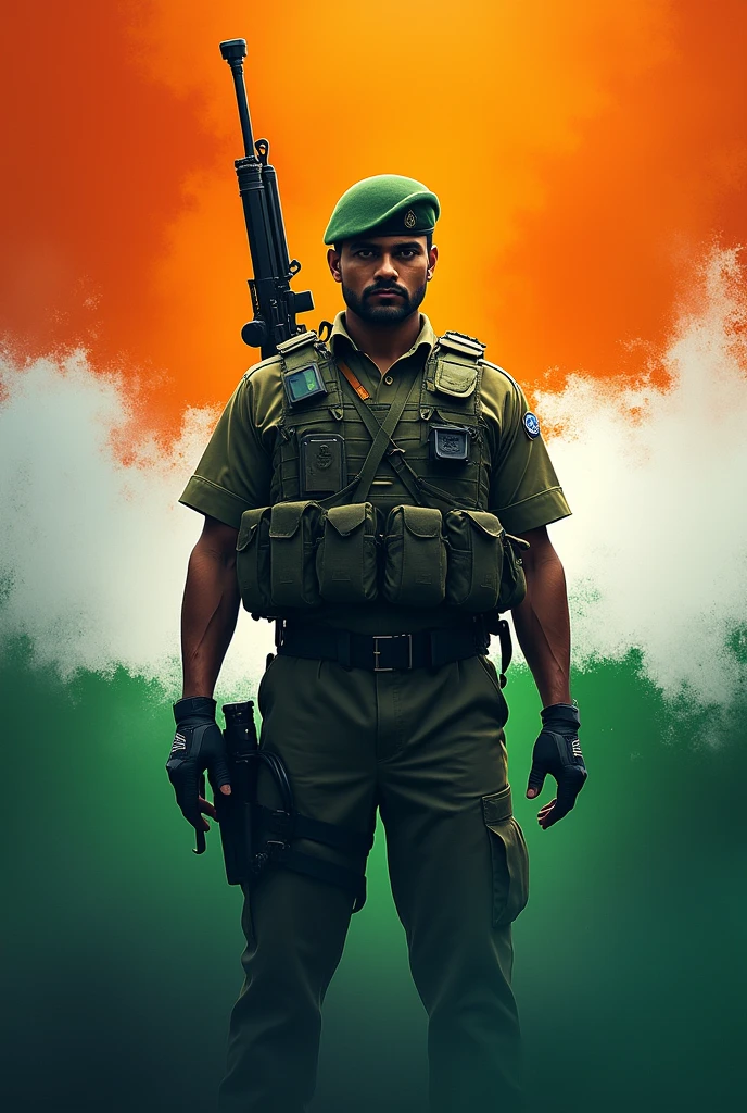 a highly detailed, hyperrealistic portrait of an Indian army soldier wearing a military uniform, holding an India flag, in a 4k, high-resolution, high-quality image, masterfully rendered, photorealistic, dramatic lighting, vivid colors, cinematic composition, ultra-detailed faces and uniforms, muscular physique, intense gaze, patriotic expression, studio lighting, physically-based rendering