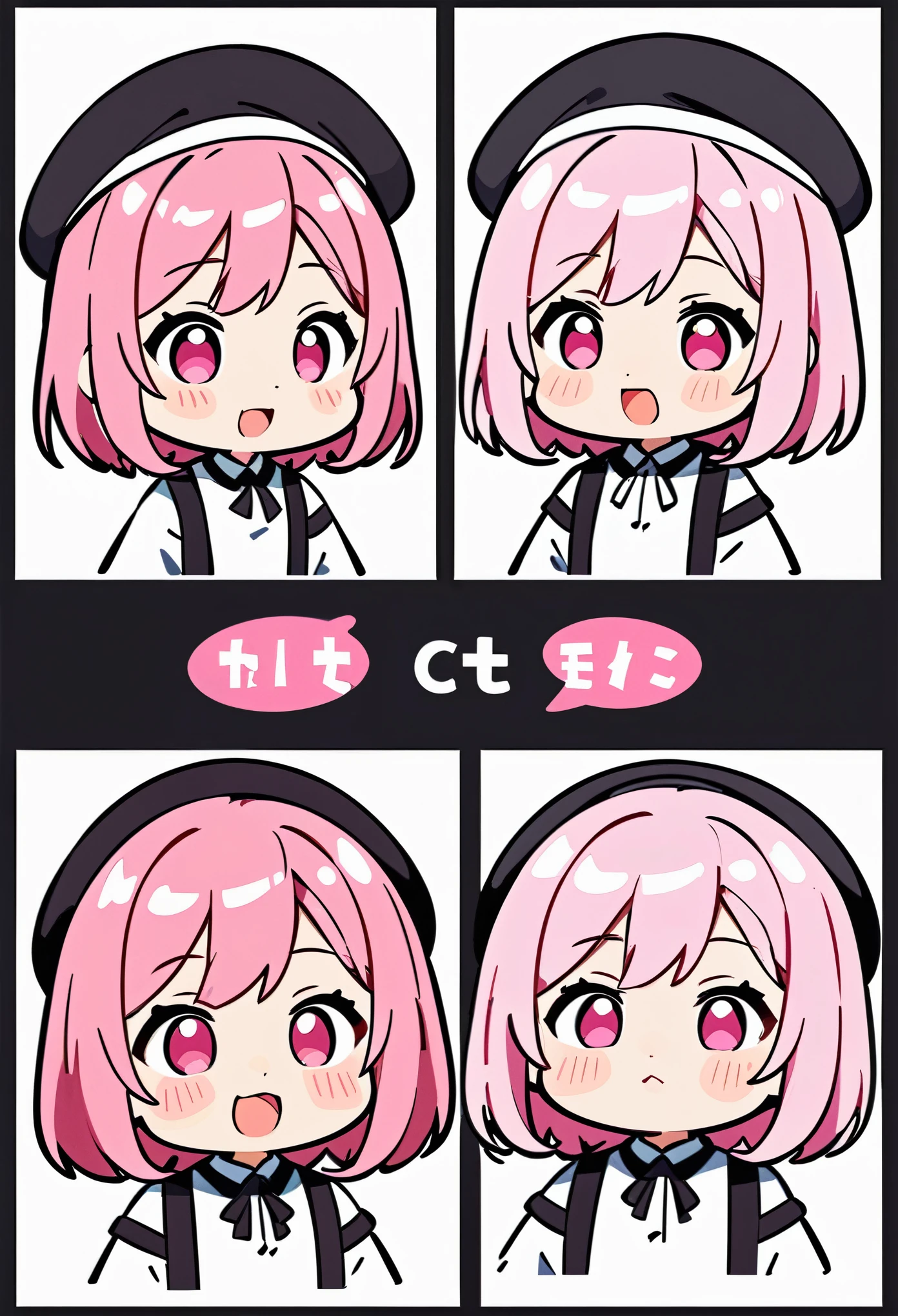 A chibi version of the emote drawn by thick black lines, Flat color,Different expressions of a short pink-haired girl in a beret，meme
