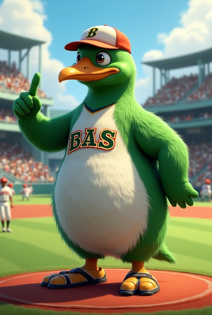 Baseball coach is a green penguin