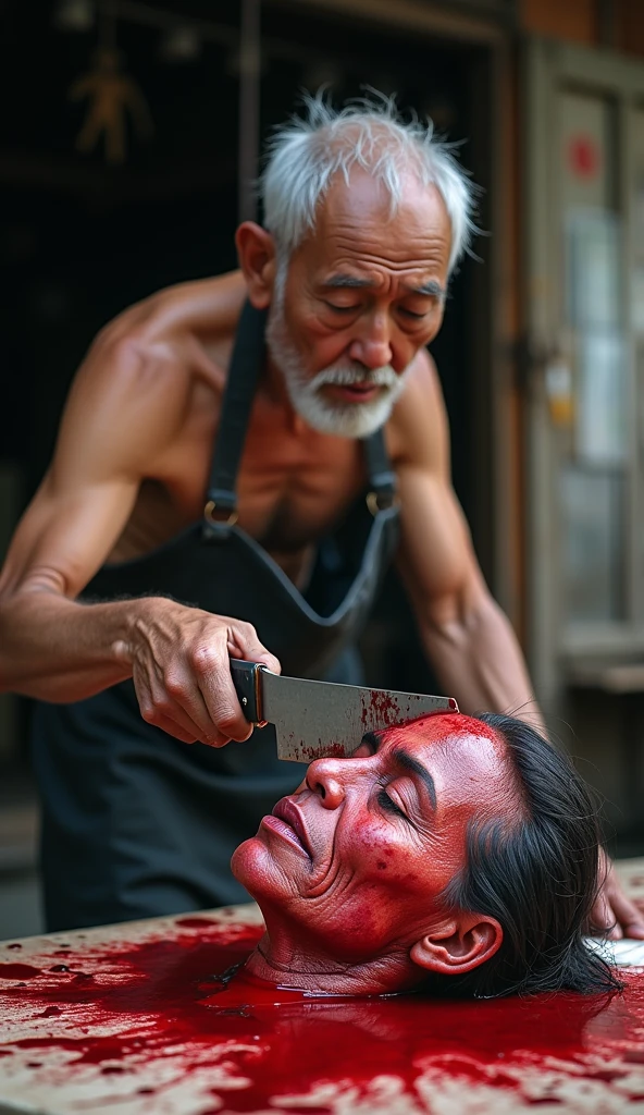 Crazy, horror, 70-year-old man, naked with an apron full of blood, bloody  woman. The man has a machete and is splitting open the head. Human head being traded in a traditional market, on a top of table, human trafficking, bleeding, woman's head, beautiful face, ((eyes closed)), bleeding, traditional market place background, photorealistic, 4K, Nikon, horror, public market, beautiful asian face