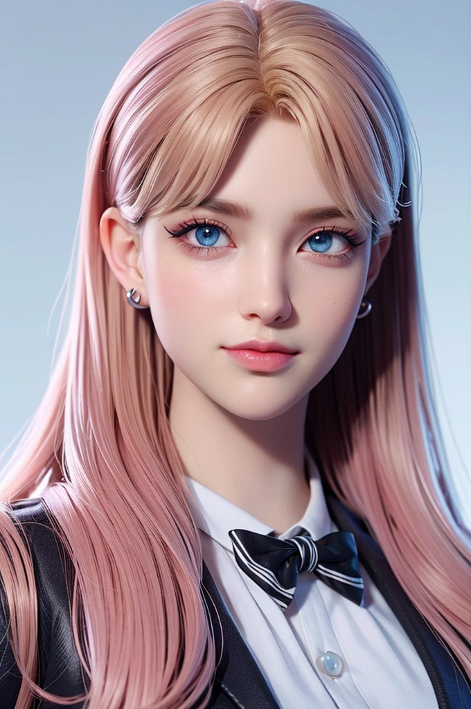 masterpiece, best quality,3d rending work,3DMM style, close-up, portrait, 3D,1girl, solo, perfect face, long hair, academy blue school uniform , long light blonde hair dyed with tint of pink color and with cute fluffy bangs well styled, hair dyed with pink color, detailed light blue eyes highlight light reflecting in her eyes, looking straight to the viewer, realistic, upper body, white background, colorful lighting, lips, edgy makeup, black shade of makeup on eyelids, ear piercing, fair skin, perfect hourglass body, she has sharp jawline, photo card, The artwork should have the best quality, with ultra-detailed and realistic features. The color palette should be vivid, and the lighting should emphasize the character's facial structure and expression.