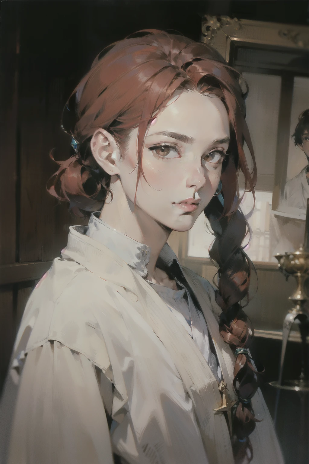 man, red hair braided into a ponytail, Brown eyes, white priestly robe, shoulder length portrait