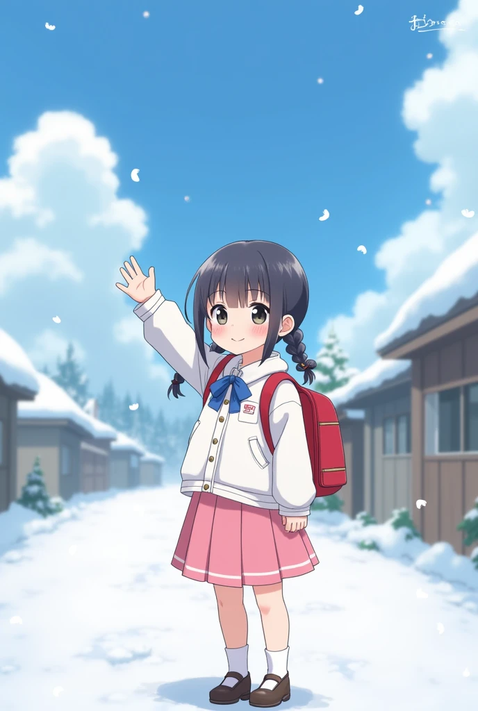 (alone:1.5),girl1人\(very cute,Soft Skin,(girl:2.0),blush,Child's body shape,Dark Eyes,Black Hair,Shiny Hair,Braided twin tails,Pink Skirt,White jacket(Blue Ribbon\),Japanese school bag(red\), character focus,front,Cute Smile,Please wave your right hand,white breath,Rural Areas,shining white snow,blue sky,Beautiful Clouds,quality\(8k,Very detailedなCGユニットの壁紙, masterpiece,High resolution,top-quality,top-quality real texture skin,Surreal,Increase the resolution,RAW Photos,highest quality,Very detailed,Cinema Lighting,Ray Tracing,)