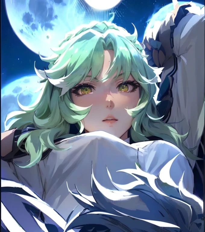 anime girl with green hair and white shirt looking at the moon, portrait knights of zodiac girl, [[[[grinning evily]]]], demon slayer rui fanart, tatsumaki, moon behind him, nighttime!!, nighttime!, the goddess artemis smirking, by Kamagurka, knights of zodiac girl, goddess of the moon, nighttime