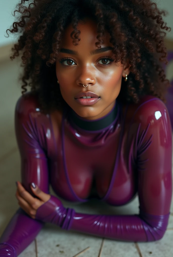 very tall congolese girl, (very young, adolescent), (afro haircut, very small breasts, very skinny, nose ring, tatoos, fearful, scared), (pink latex bodysuit, choker), (close shot, face shot, portrait,intimate camera, realistic, photorealistic)
