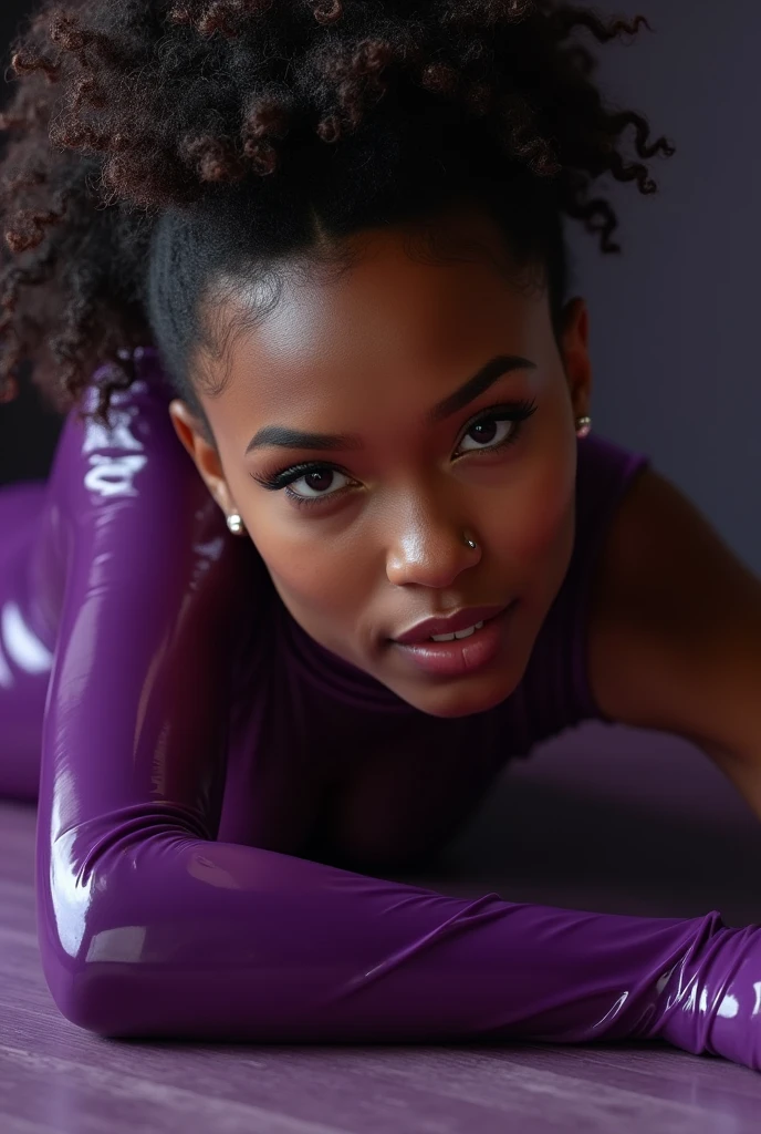 congolese woman, young, naked, very curly mullet, septum piercing, dimples, thick belt around neck, naughty expression, woman laying on floor,, transparent purple shiny latex bodysuit, close-up, UHD, retina, masterpiece, accurate, anatomically correct, textured skin, super detail, high details, high quality, award winning, best quality, highres