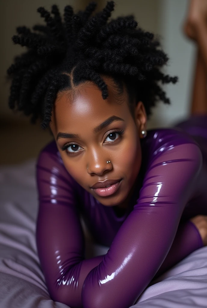 congolese woman, young, naked, very curly mullet, septum piercing, dimples, thick belt around neck, naughty expression, woman laying on floor,, transparent purple shiny latex bodysuit, close-up, UHD, retina, masterpiece, accurate, anatomically correct, textured skin, super detail, high details, high quality, award winning, best quality, highres