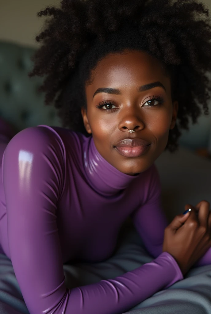 congolese woman, young, naked, very curly mullet, septum piercing, dimples, thick belt around neck, naughty expression, woman laying on floor,, transparent purple shiny latex bodysuit, close-up, UHD, retina, masterpiece, accurate, anatomically correct, textured skin, super detail, high details, high quality, award winning, best quality, highres