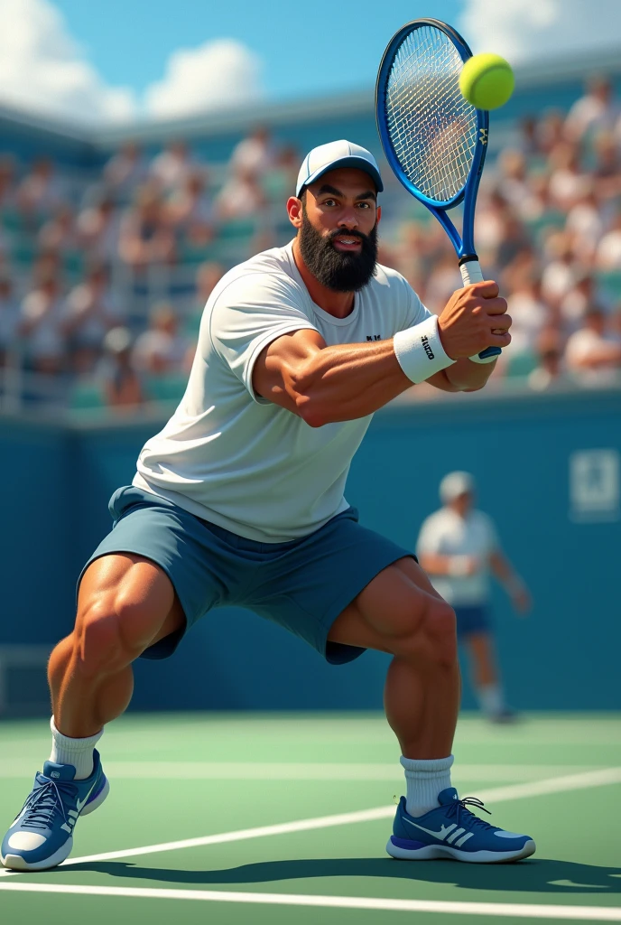 Fourth category tennis player,  moreno, thick build, reeds, cap, with short beard playing tennis tournament with his blue yonex racket