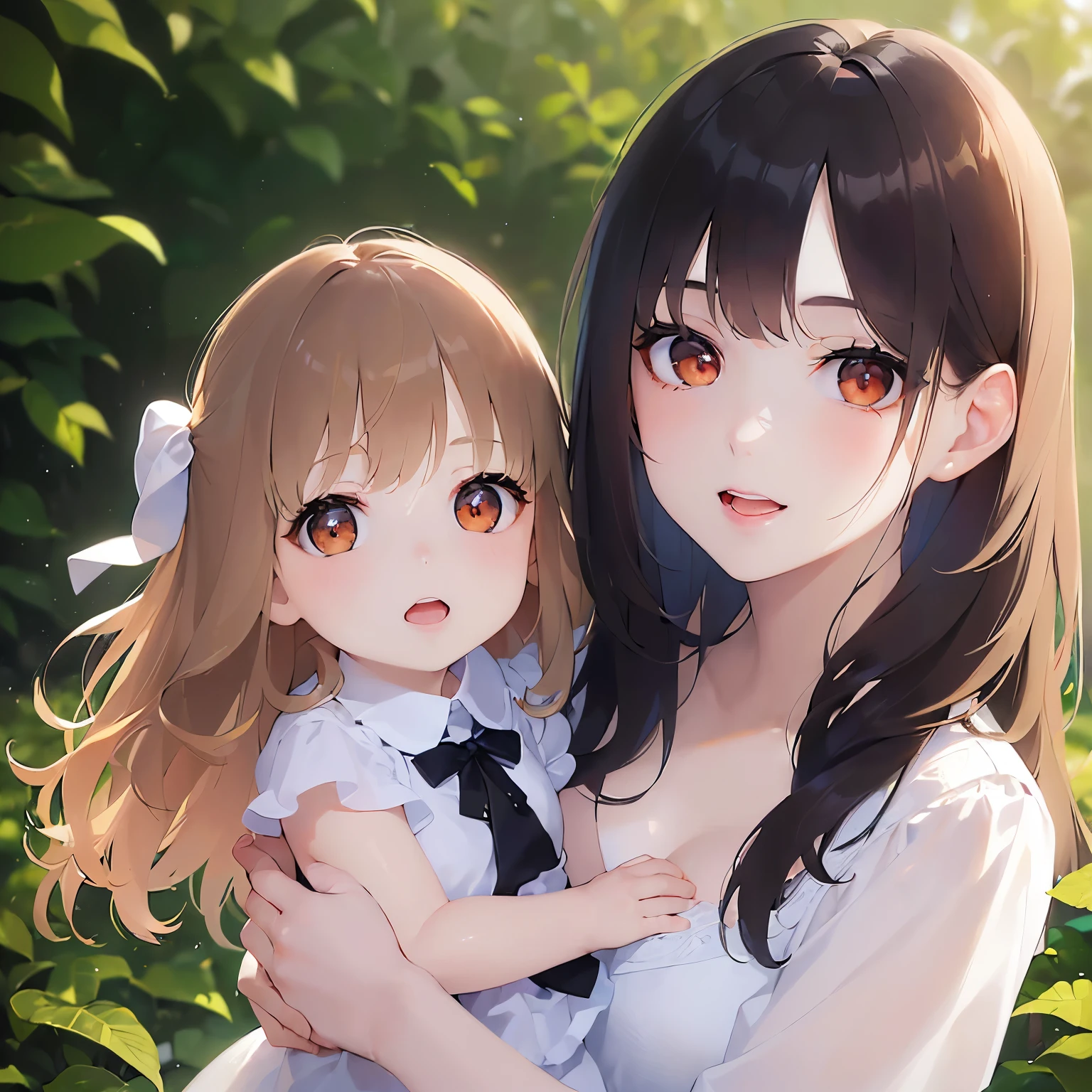 (looking at viewer:1.5)Upper Body, Holding a child,
Realistic, real person, (pale skin: 1.2), RAW photo, photorealistic, shiny skin, shiny hair、
(A 25-year-old woman with medium-length hair and bangs) and (wavy hair) and (brown hair) and (orange eyes),
White dress smile,open mouth,living