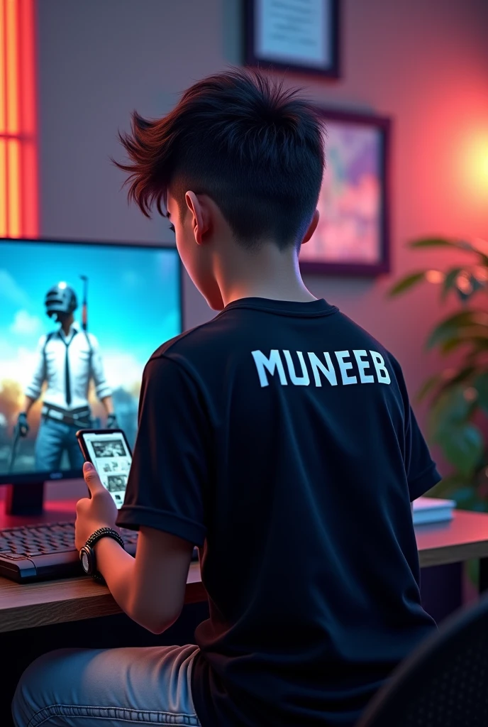 a 15 years old boy is playing pubg mobile wearing a black t dhirt and white jeans sitting backside with unique hait style and gaming background the boy is playing pubg in mobile a name Muneeb is written in backside of ahirt
