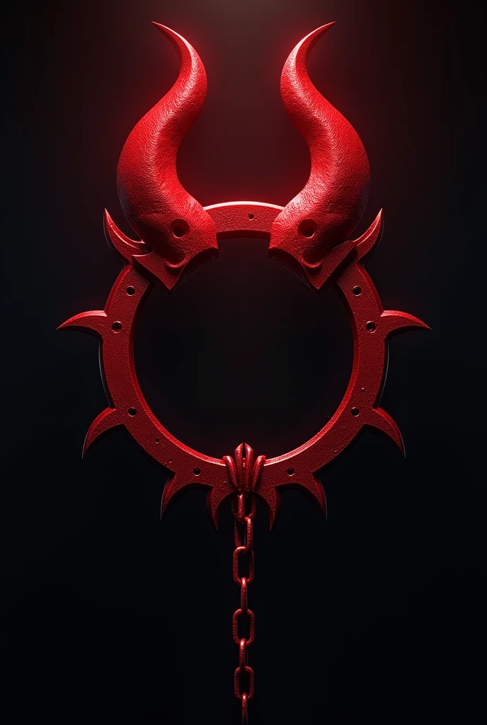 (logo design) evil logo, a sexual striking red handcuff, adorned with sharp, menacing demon horns, and a sinuous chain tail extending from the base, dynamic and bold, emphasizing a dark theme, glossy finish, high-resolution, creating an impression of malevolence and power.