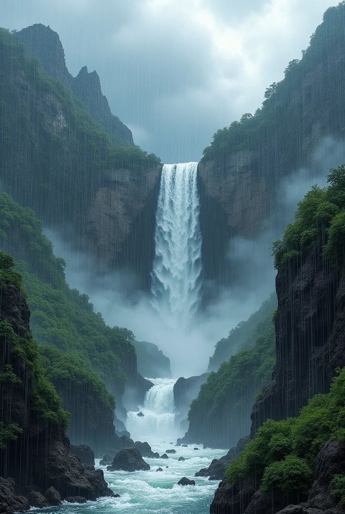 Generate the image of water fall in mountain and raining in the situation and some drops on the image want more broad drops