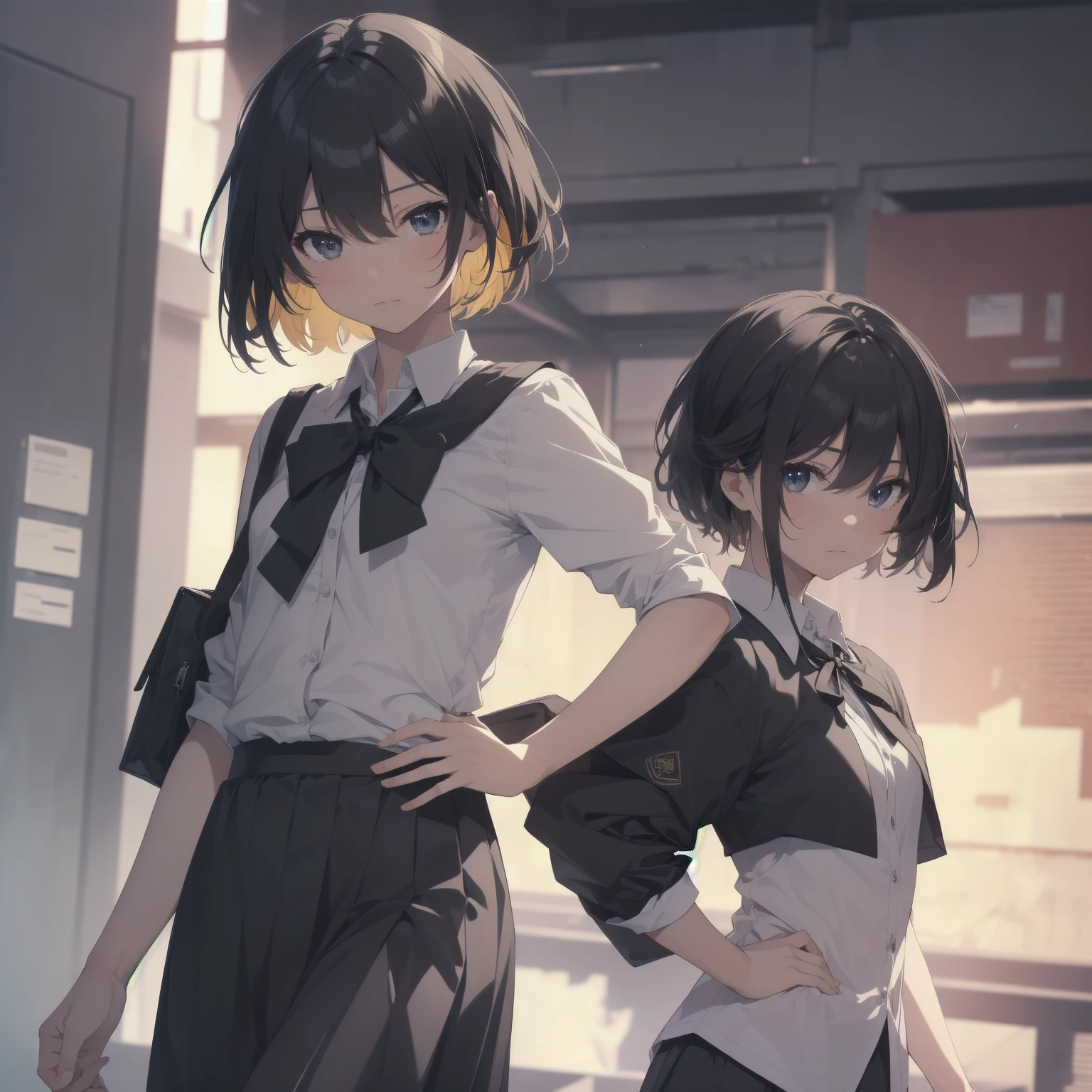 ultra-absurdres-Top quality by artist God, ultra-detailed, high resolution, anime moe artstyle, best anime 8k konachan wallpaper, pixiv contest winner, pool:2810, perfect anatomy,break, 1girl, (Please draw a girl walking sleepily to school alone. )break,(Solo,little female, 13-year-old:1.3),Full limbs, complete fingers,a junior high school student, (very short hair), short cut, flat chest, , small butt, small black eyes, beautiful detailed eyes, well-proportioned iris and pupils, expressive eyes, highres detailed hair, soft expression, salor school_uniform, sailor collar, serahuku, bow, pleated skirt,(Detailed Lighting), (Detailed background), in the School commute route. break,super detailed skin, Best cinematic lighting powered by famous artist, 8k,beauty illustration,photoshop_(medium),very aesthetic,break,((artist:yuureidoushi_(yuurei6214) )), artist:clamp ,artist:carnelian ,artist:kantoku ,
