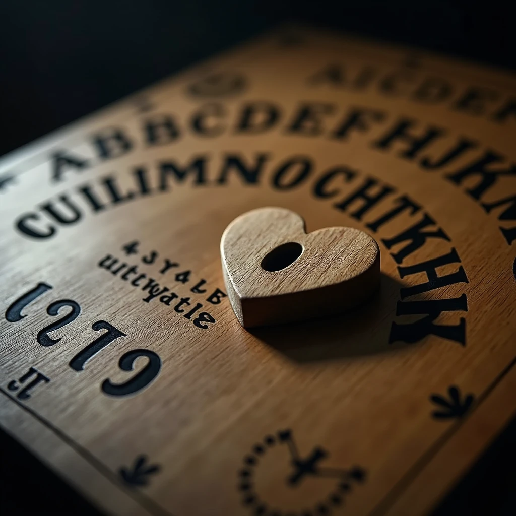 A close-up shot of a wooden Ouija board, the surface is textured with visible wood grain. The board is marked with bold black letters of the alphabet, The numbers "1 2 3 4 5 6 7 8 9" are arranged in order on the board. The central focus of the image is a heart-shaped wooden planchette, positioned directly over the number "0" The planchette has a round hole in its center, through which part of the number is visible. The lighting is dramatic, casting shadows that emphasize the texture of the wood and the raised edges of the letters and numbers, creating a mysterious and eerie atmosphere. The camera angle is close-up, with a shallow depth of field, ensuring that the planchette and the number "0" are sharply in focus while the background fades into a soft blur.