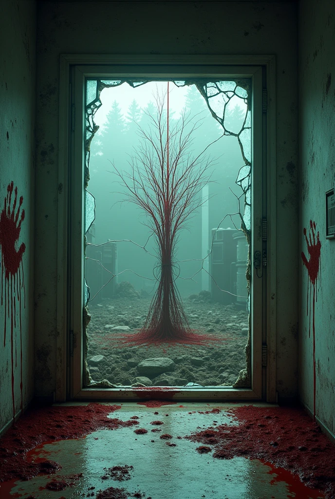 In a room a cracked glass wall and a hole in the center. On the floor there is blood and a bloody handprint on the wall and inside that glass window there is a wall where there is a slot in the shape of an hourglass and red roots come out of it as if it were a portal in the wall and a landscape background of a laboratory in ruins