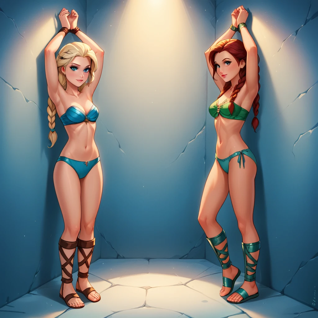 ((Full body photo, standing, feet on the floor)) score_9, score_8_up, score_7_up, score_6_up, 2girls, elsa (blonde hair, braids, leggings and crop, gladiator sandal, sutiã: 1.2) and Ariel(brown hair, braided braids,gladiator sandal, panties: 1.3), poorly lit dungeon, (tied, tied, hands above head, connected to wall rings:1.4), rope, red faces, (cinematic lighting:1.4).
