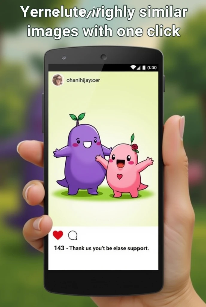 The image is a screenshot of a social media post on a mobile phone. The post is about two cartoon characters, one purple and one pink, holding hands and smiling. The purple character has a big smile on its face and is holding a green leaf in its hand. The pink character is also smiling and has a small heart on its chest. The background is blurred, but it appears to be a garden or park with trees and greenery. The text on the post reads "cute,couple,143, Thank you, please support".

Generate highly similar images with one click🎉