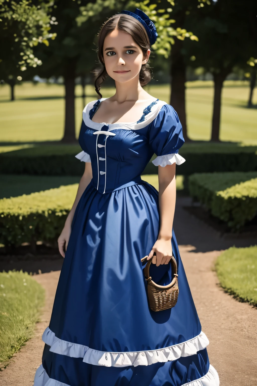 there is a young girl in a blue and white dress holding a purse, victorian style costume, victorian blue dress, victorian dress, dress in the style of rococo, historical baroque dress, victorian inspired clothing, rococo dress, wearing 1860s era clothes, wearing victorian clothes, wearing 1 8 5 0 s era clothes