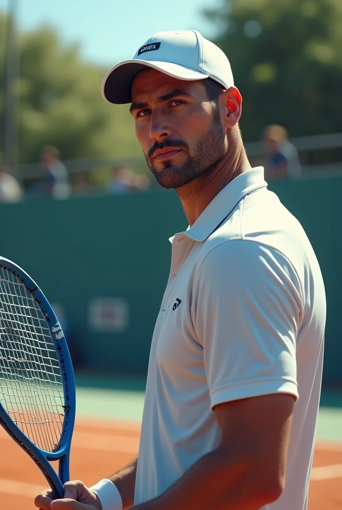 Fourth category tennis player, moreno, medium build , reeds, cap, with short beard playing tennis tournament with his blue yonex racket