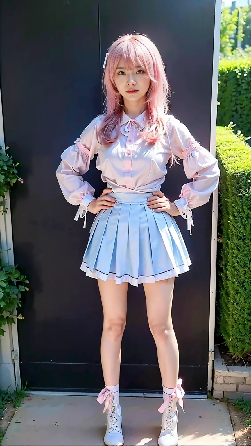 (8k、RAW Photos、Highest quality、masterpiece:1.2)、(Realistic、Realistic)、1 girl、((white、pink、light blue、mini skirt、pinkの髪、Breast enlargement、boots、ribbon、Thin legs、whole body、View from the front、Looking into the camera、ribbon、garden、See-through、Stand with hands on hips))、cute