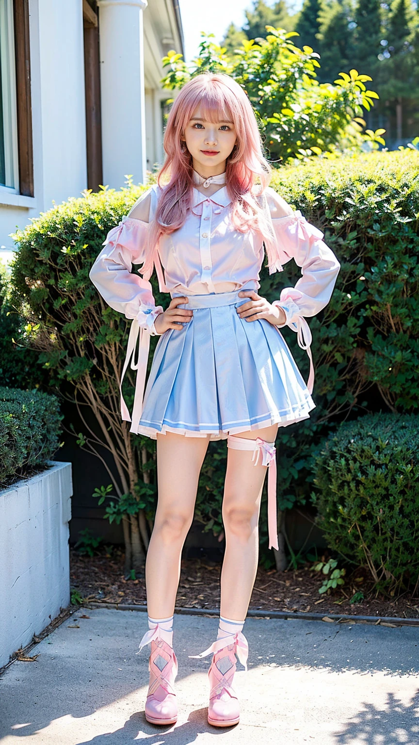 (8k、RAW Photos、Highest quality、masterpiece:1.2)、(Realistic、Realistic)、1 girl、((white、pink、light blue、mini skirt、pinkの髪、Breast enlargement、boots、ribbon、Thin legs、whole body、View from the front、Looking into the camera、ribbon、garden、See-through、Stand with hands on hips))、cute