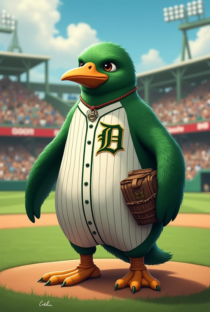 Baseball coach is a green penguin